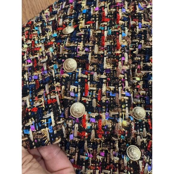 L'AGENCE Angelina Gold black Tweed Plaid Jacket fringe trim size 18 - Picture 15 of 16